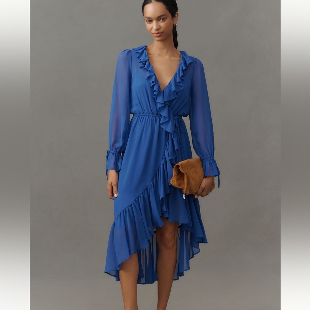 NWT By Anthropologie Long Sleeve Ruffled Asymmetric Midi Dress Blue